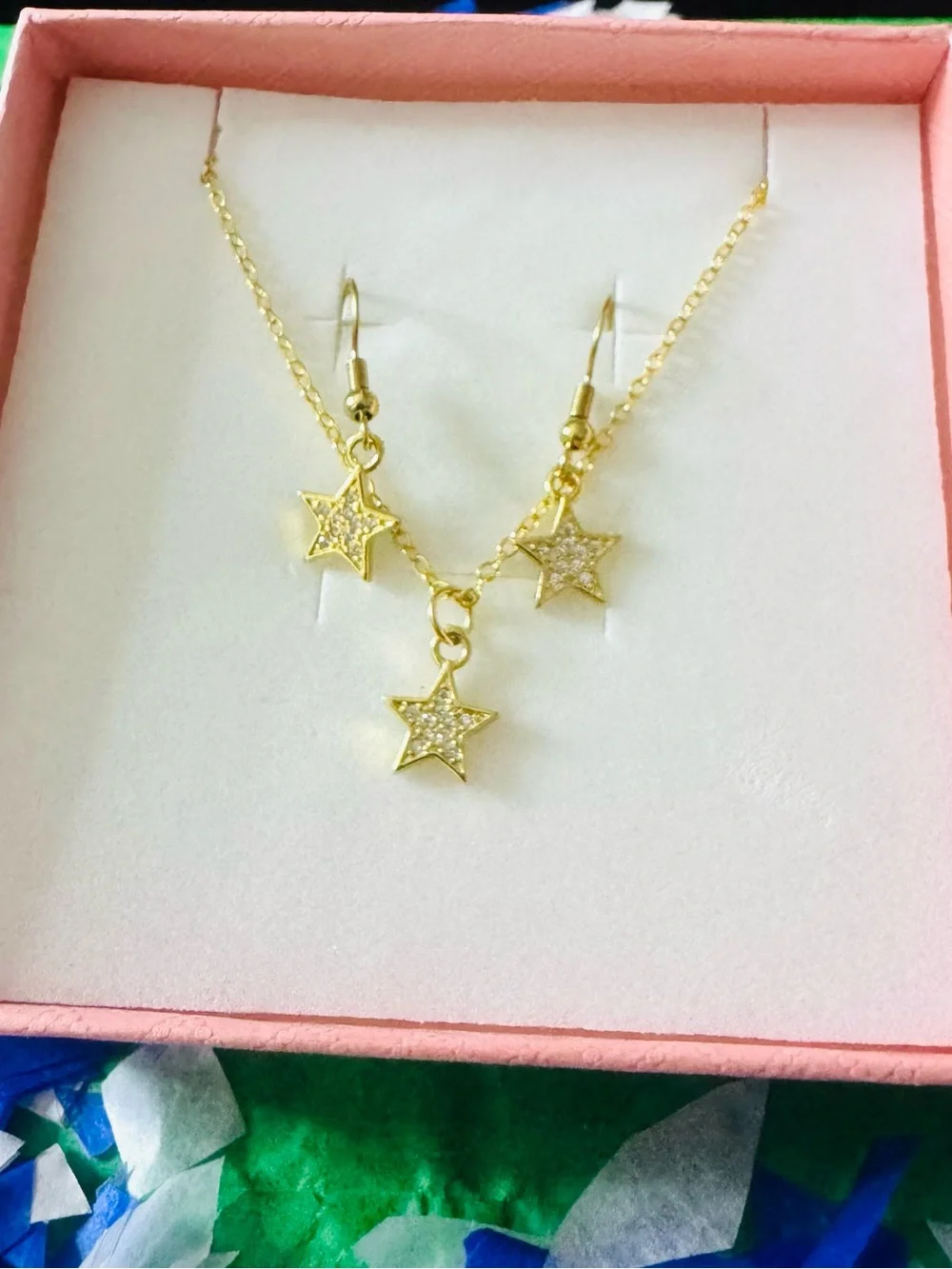 Gold Star Charm Necklace and Earring Set - Dainty Sparkle